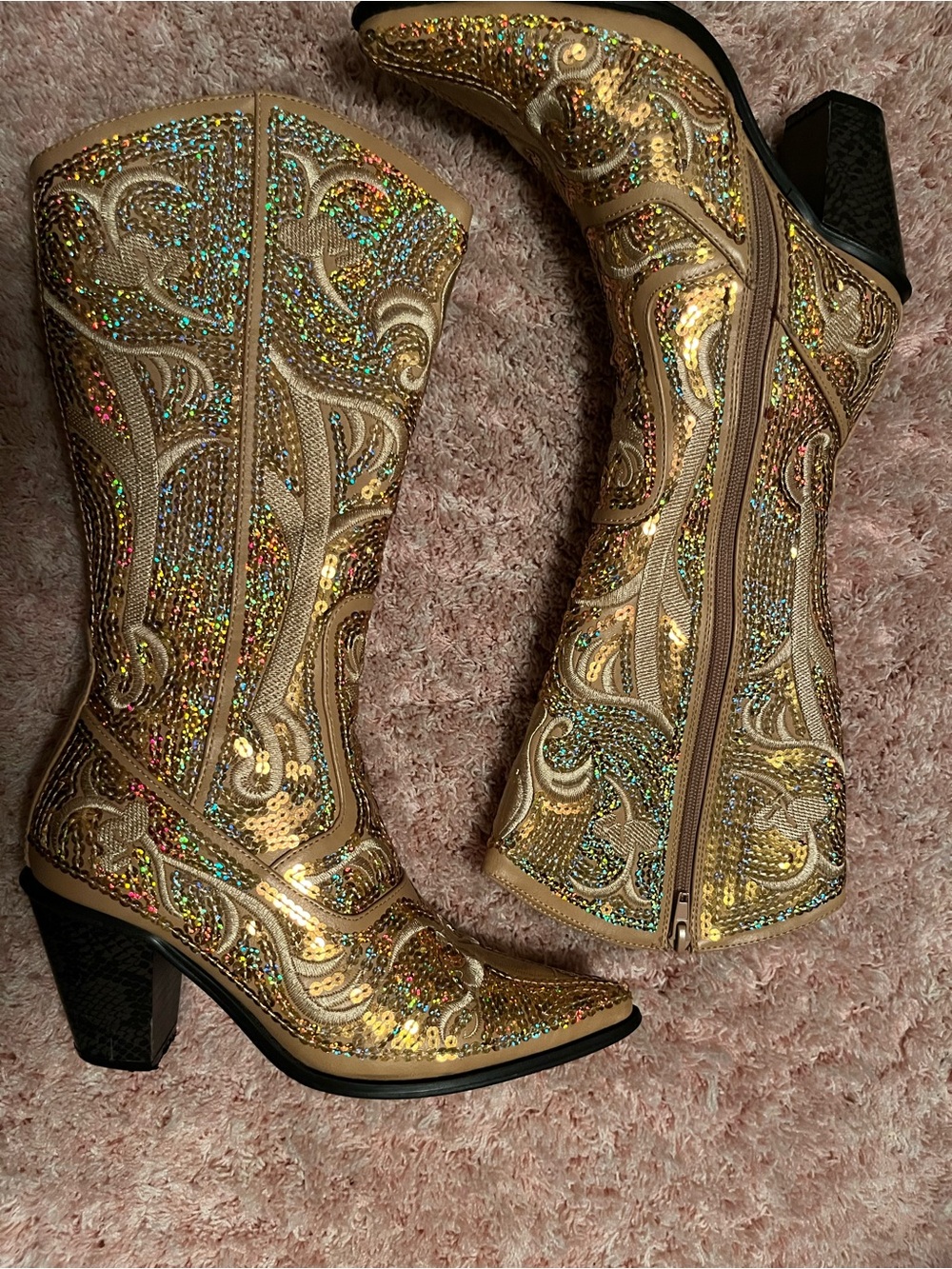 Gold Sequin Heeled Western Boots - Women's Fashion Boots